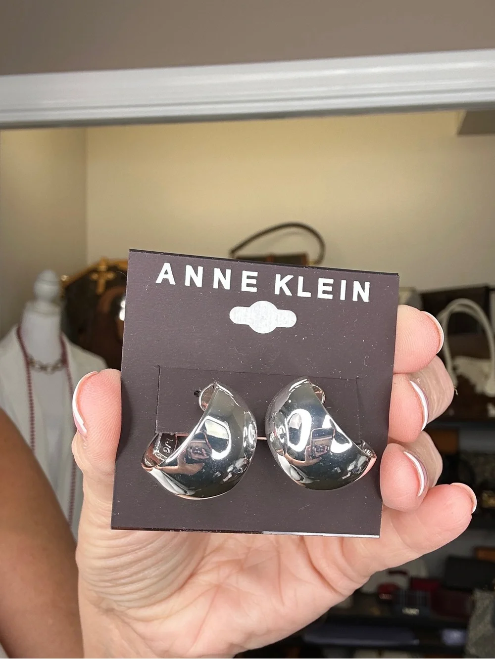 New Anne Klein Silver Tone Sculptural Pierced Hoop Earrings